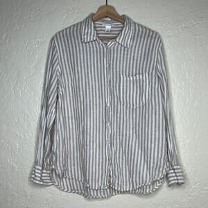 H&M Linen Striped Button Down Shirt Relaxed Resort Vacation Tan Women Large